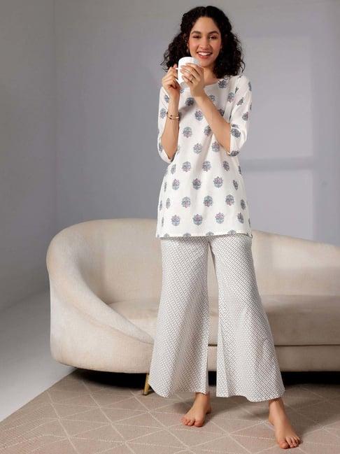 libas white cotton printed kurti & pyjama set