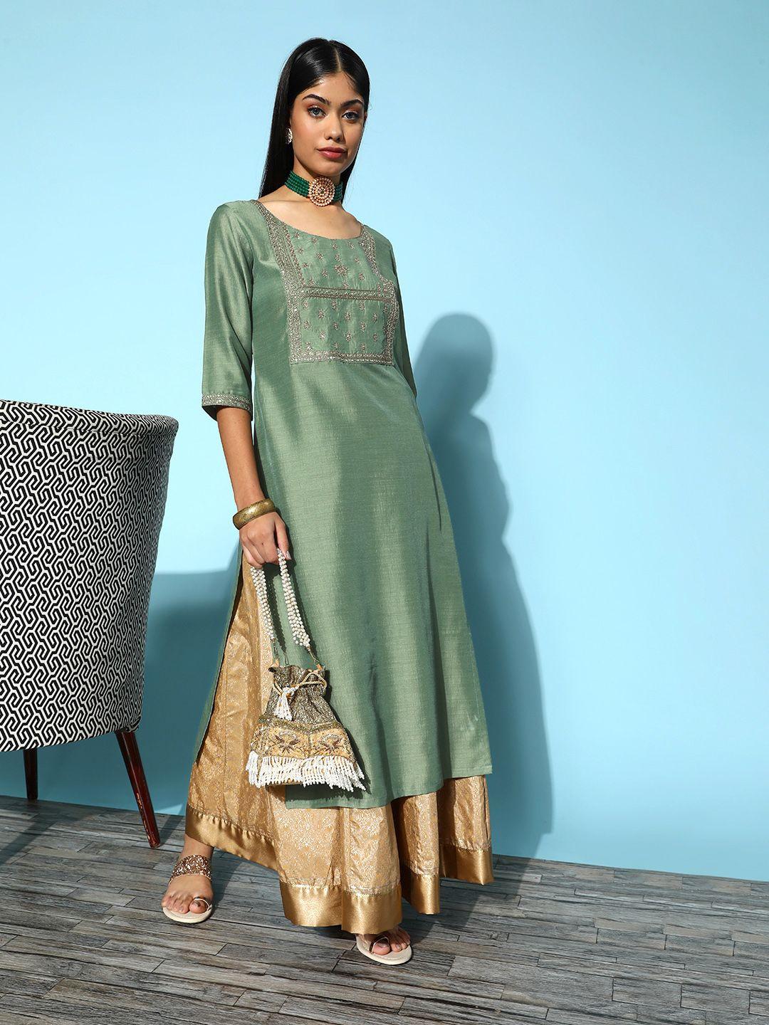 libas women  green silk hyper texture kurta