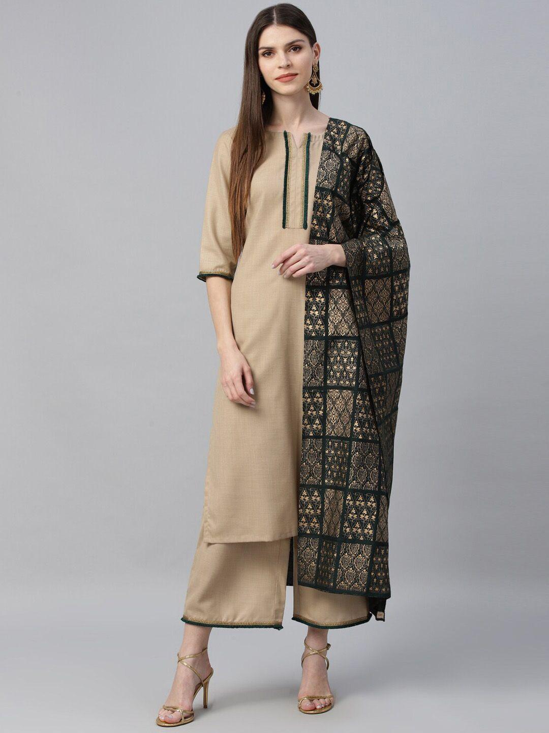 libas women beige & black solid kurta with palazzos & dupatta