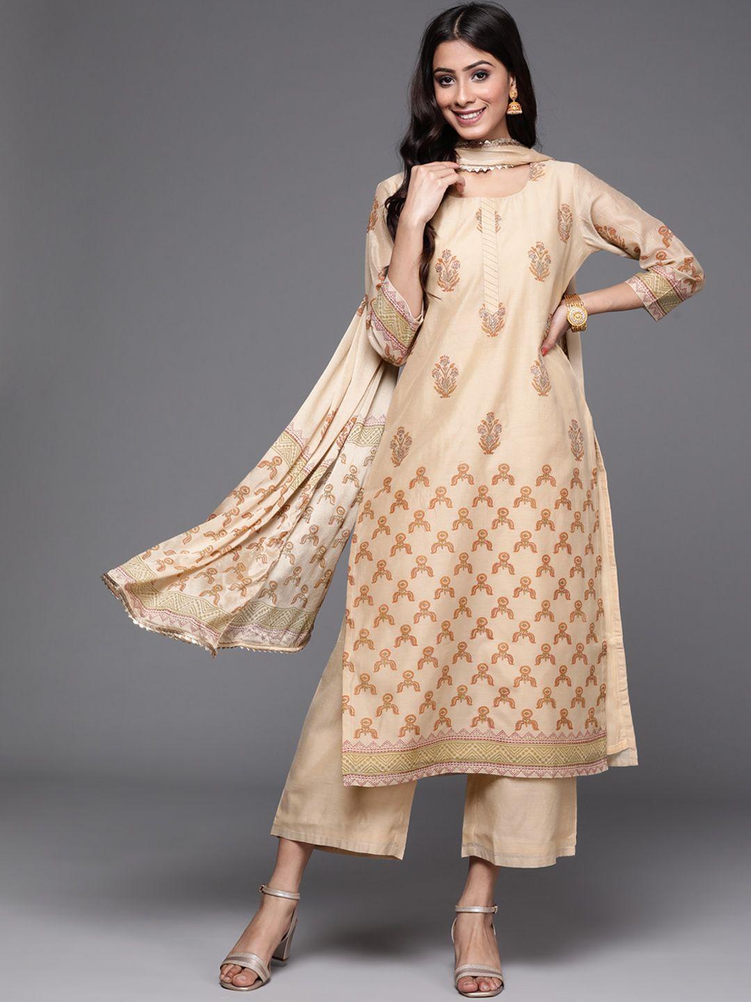 libas women beige & gold ethnic motifs print gotta patti straight kurta palazzos & dupatta