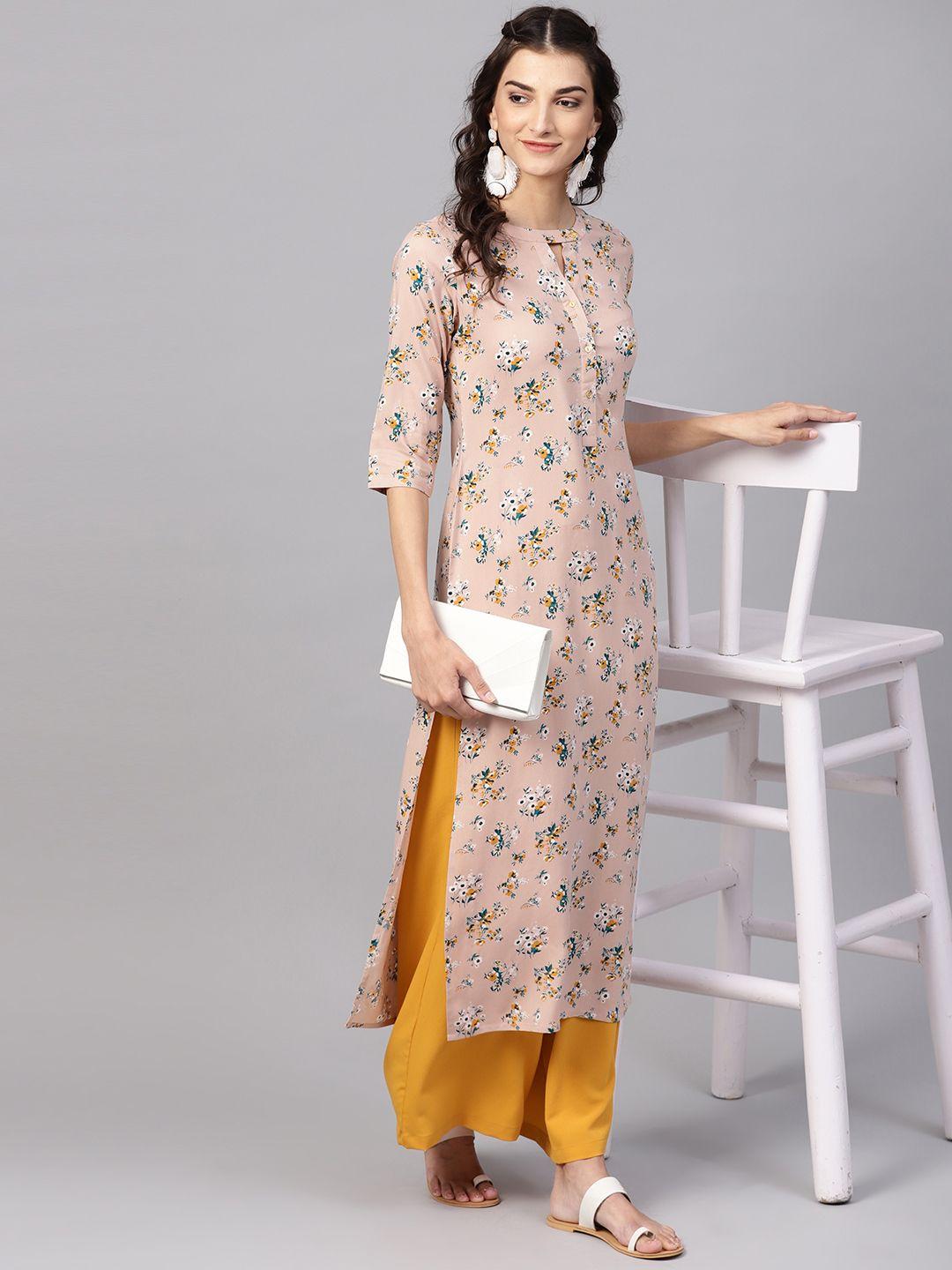 libas women beige & green floral print straight kurta