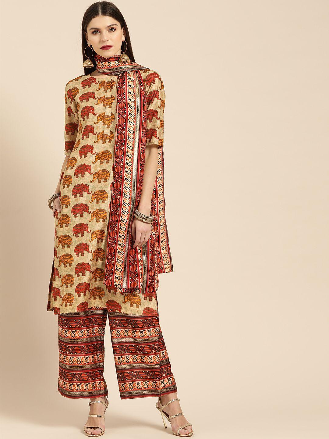 libas women beige & maroon printed kurta with palazzos & dupatta