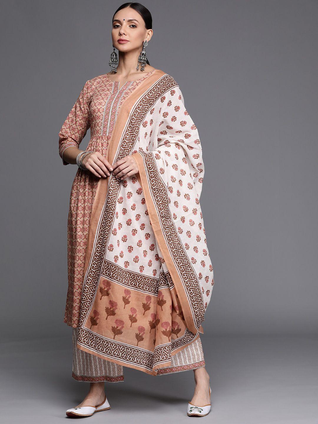 libas women beige & pink ethnic print pleated a-line cotton kurta with trousers & dupatta
