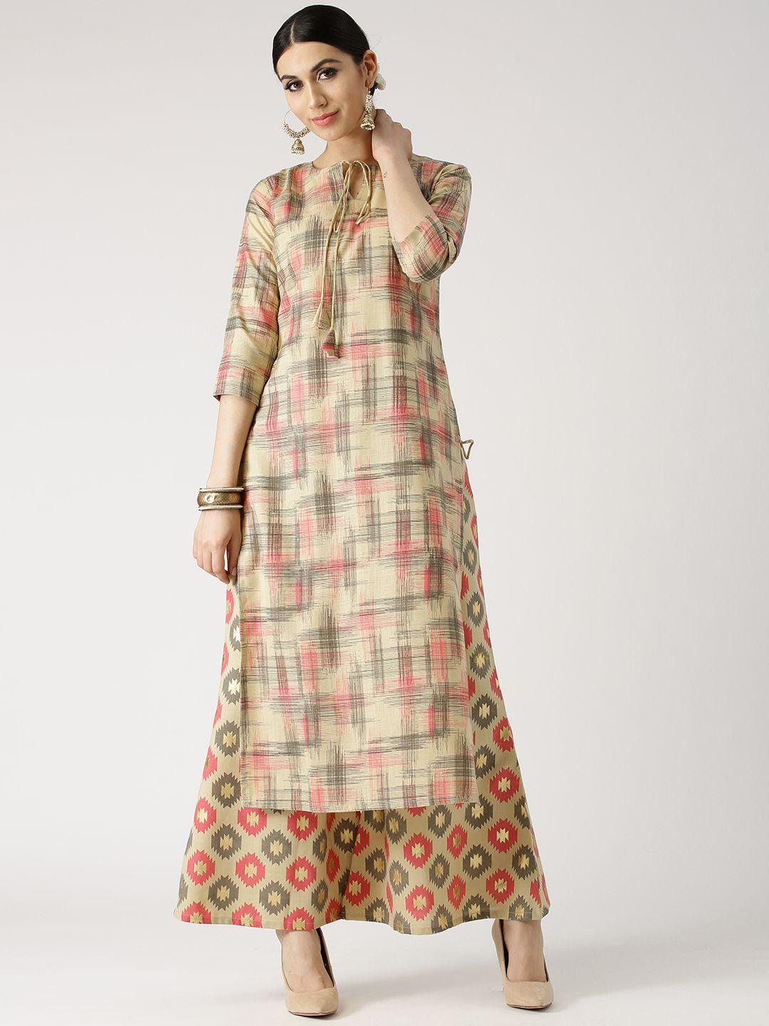 libas women beige & pink printed kurta with palazzos