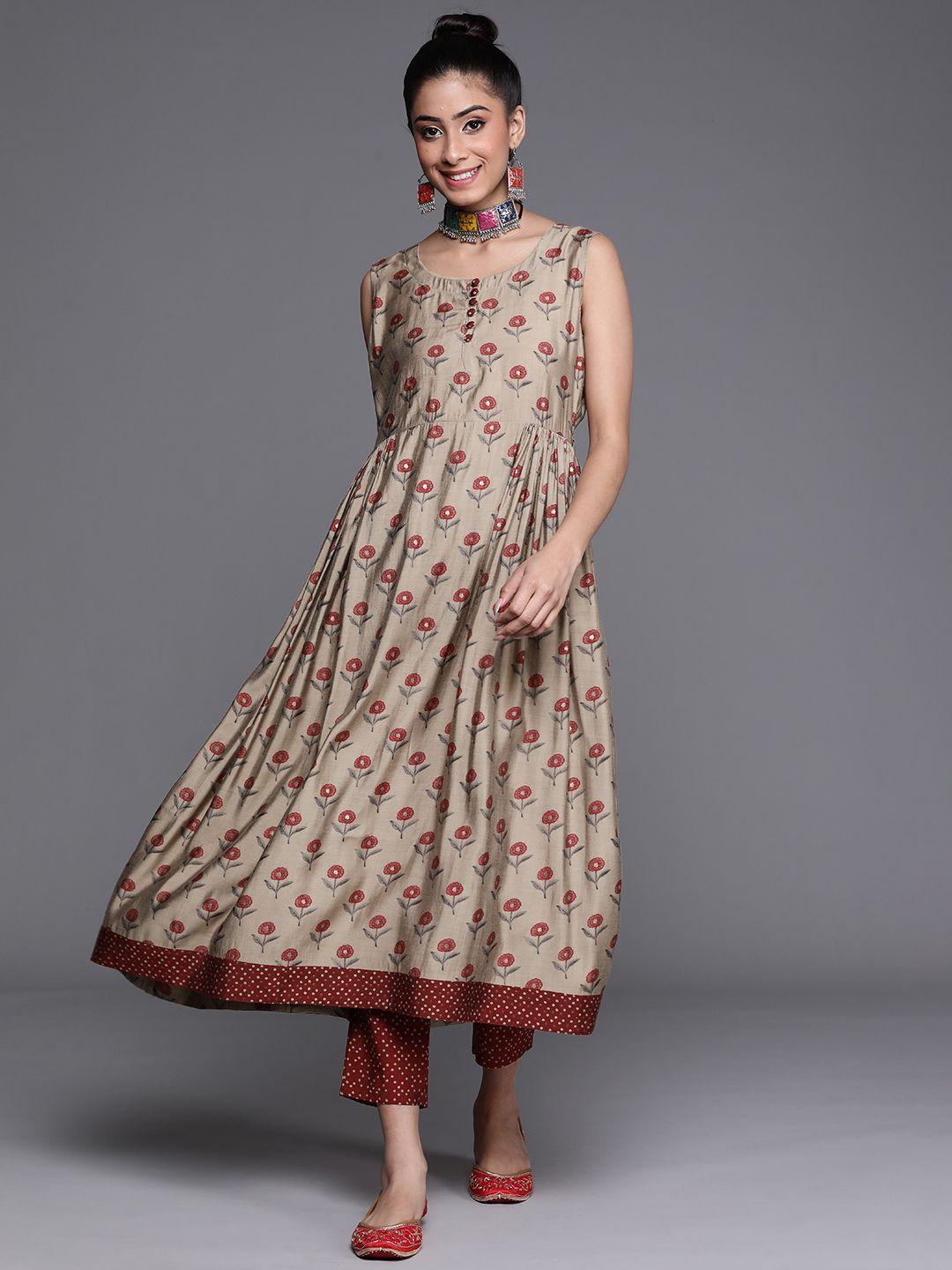 libas women beige & red floral motifs print chanderi silk kurta