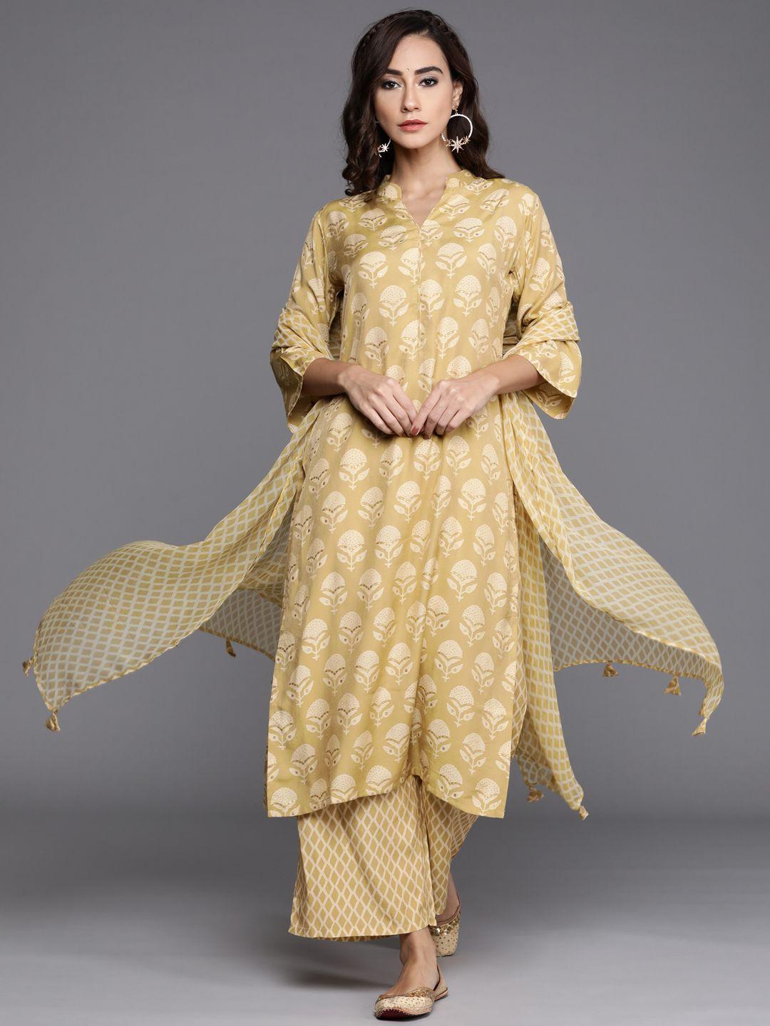 libas women beige and cream-coloured ethnic motifs printed kurta with palazzos & dupatta