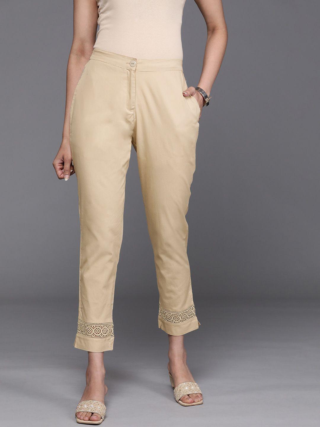 libas women beige cotton solid cropped trousers