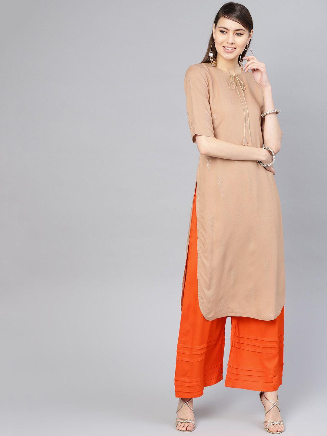 libas women beige rayon printed pathani kurta with orange rayon solid palazzo