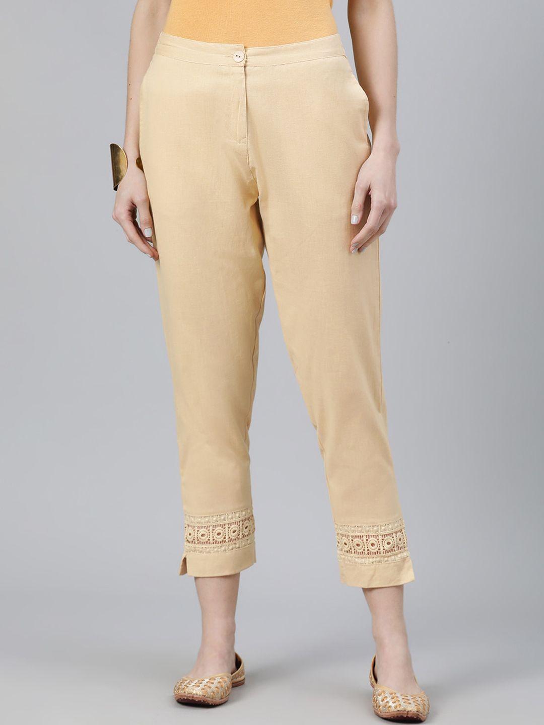 libas women beige regular fit solid cigarette trousers