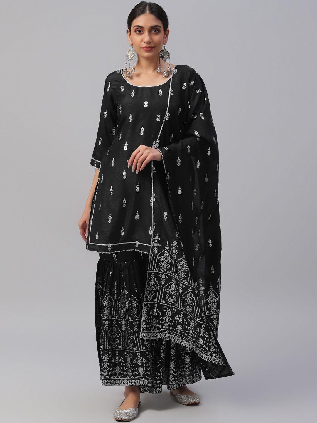 libas women black & off-white printed kurti with sharara & dupatta