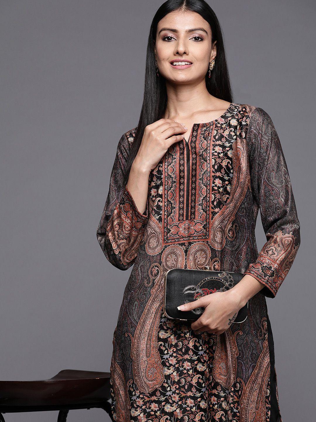 libas women black & orange paisley printed velvet kurta