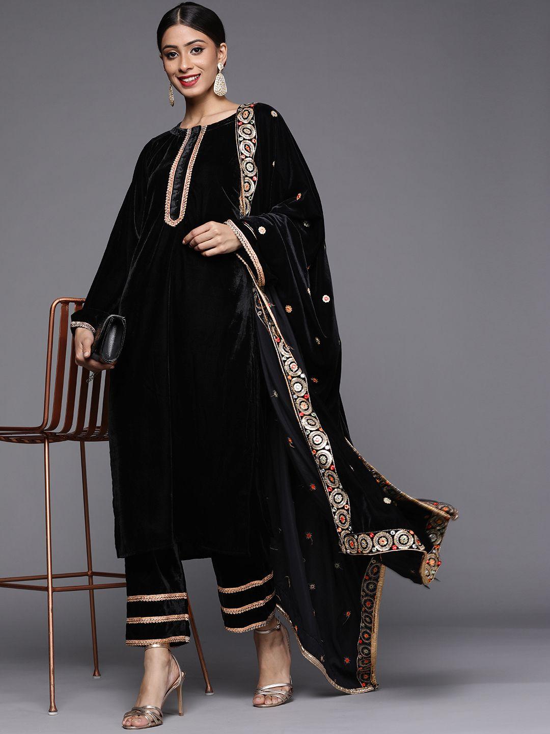 libas women black & solid gold gotta patti velvet straight kurta trousers & dupatta