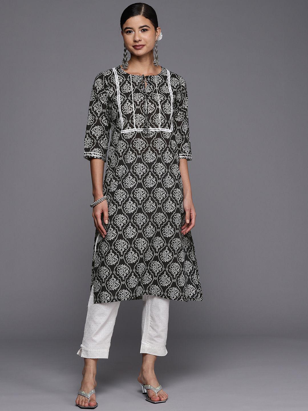 libas women black & white bandhani printed cotton kurta