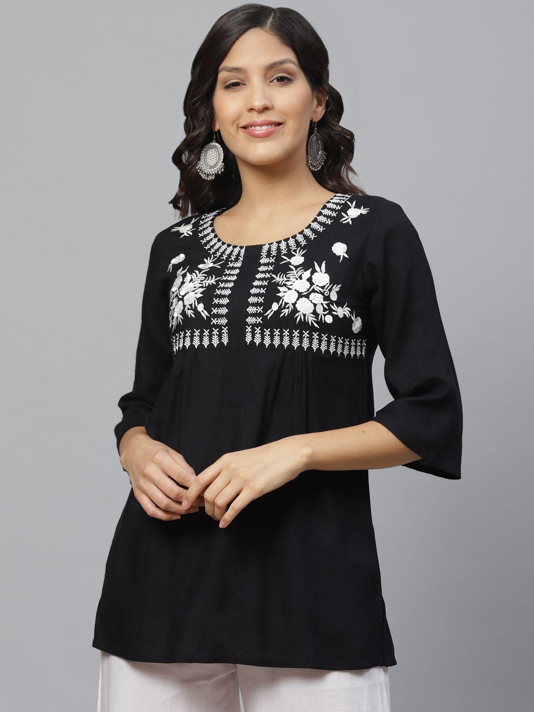 libas women black & white embroidered detail a-line kurti