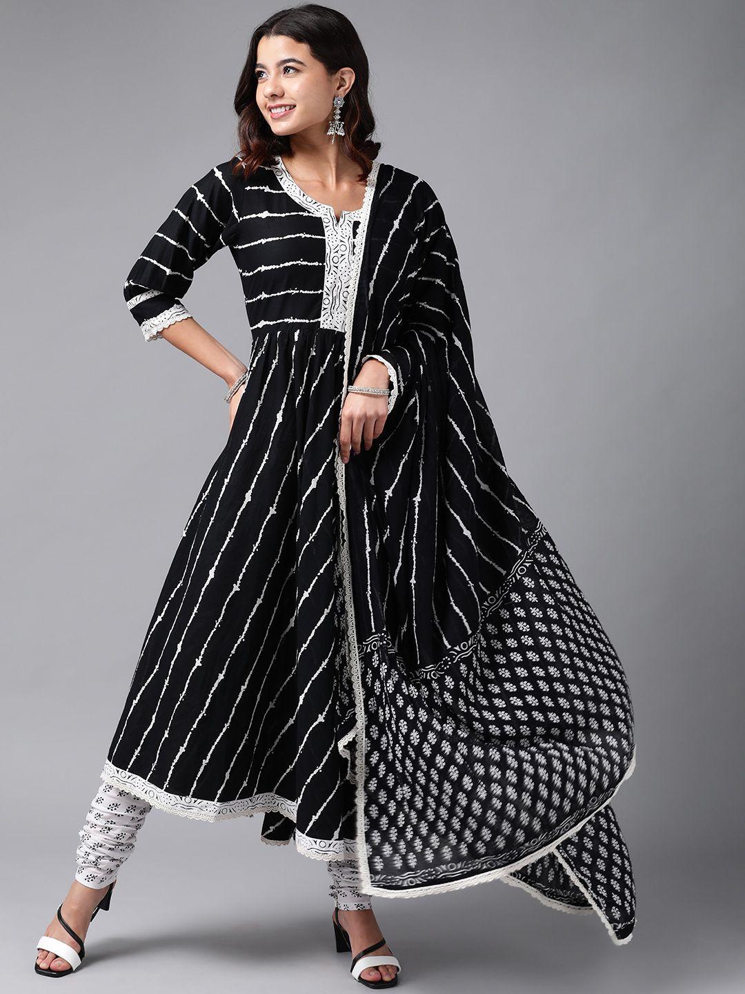 libas women black & white striped cotton a-line kurta with churidar & dupatta