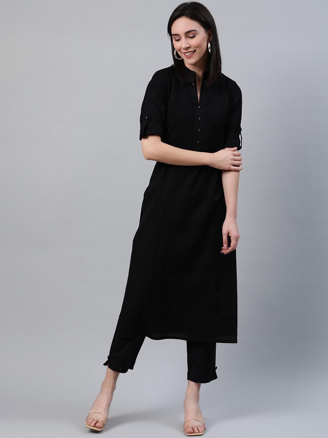 libas women black cotton solid straight kurta