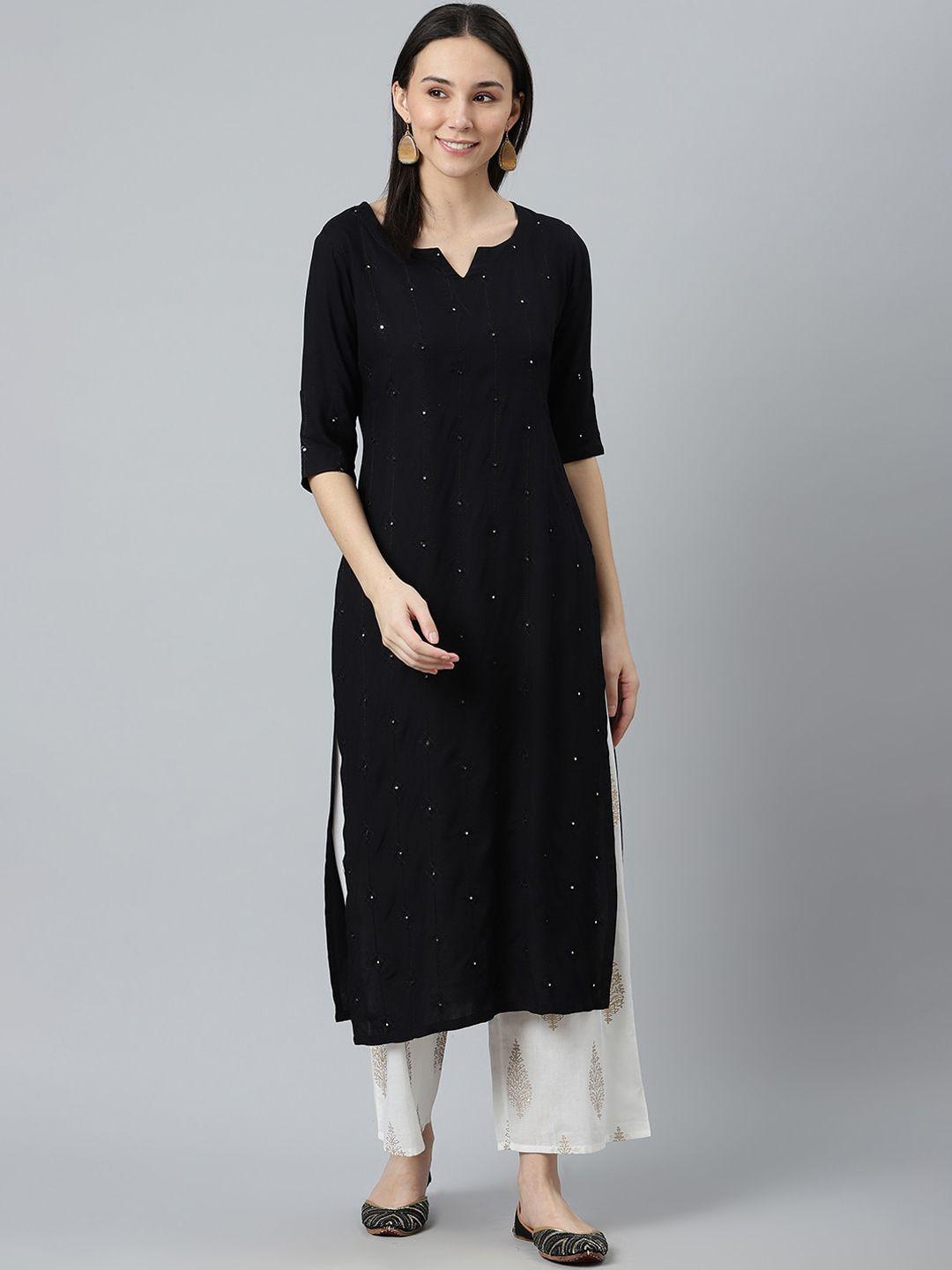 libas women black embroidered kurta