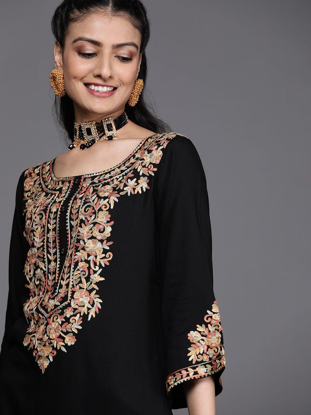 libas women black ethnic motifs embroidered flared sleeves thread work kurta