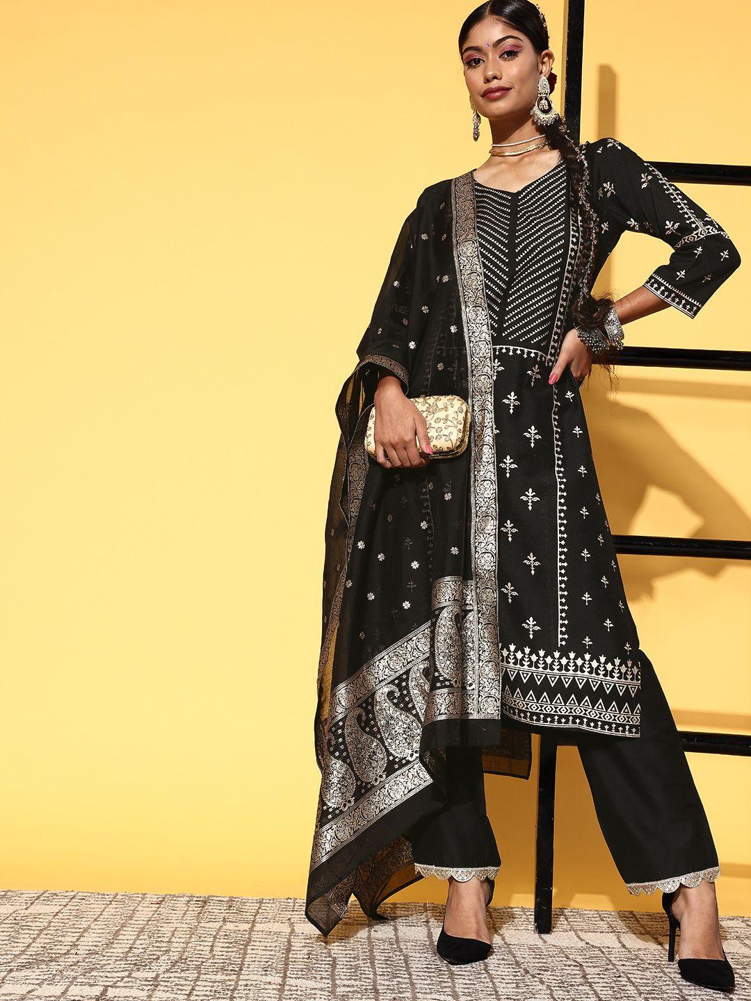 libas women black ethnic motifs printed chanderi silk kurta with trousers & with dupatta
