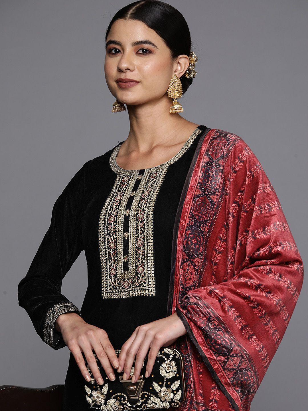 libas women black ethnic motifs yoke design velvet kurta with trousers & with dupatta