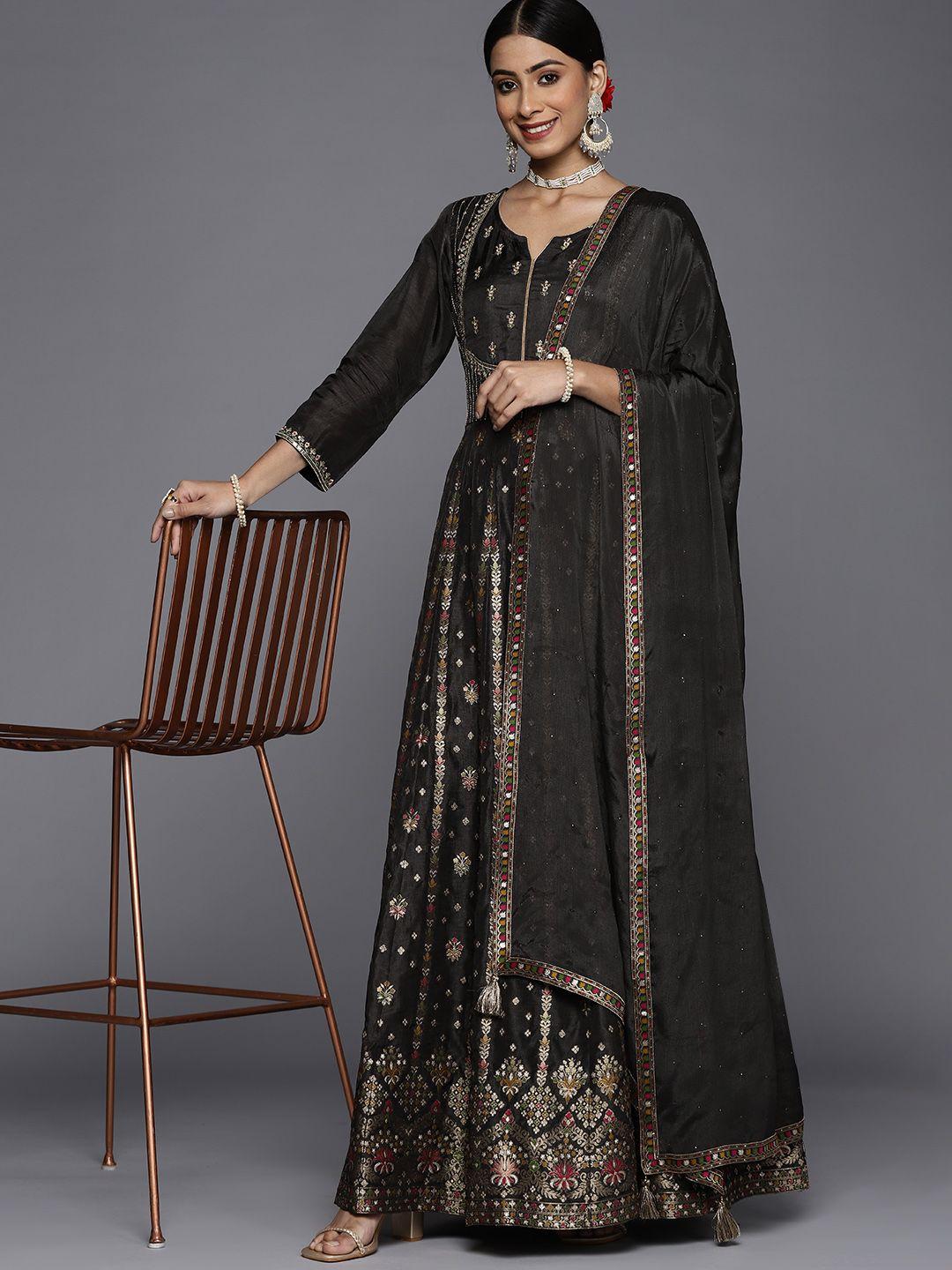 libas women black floral motifs embroidered kurta with churidar & dupatta