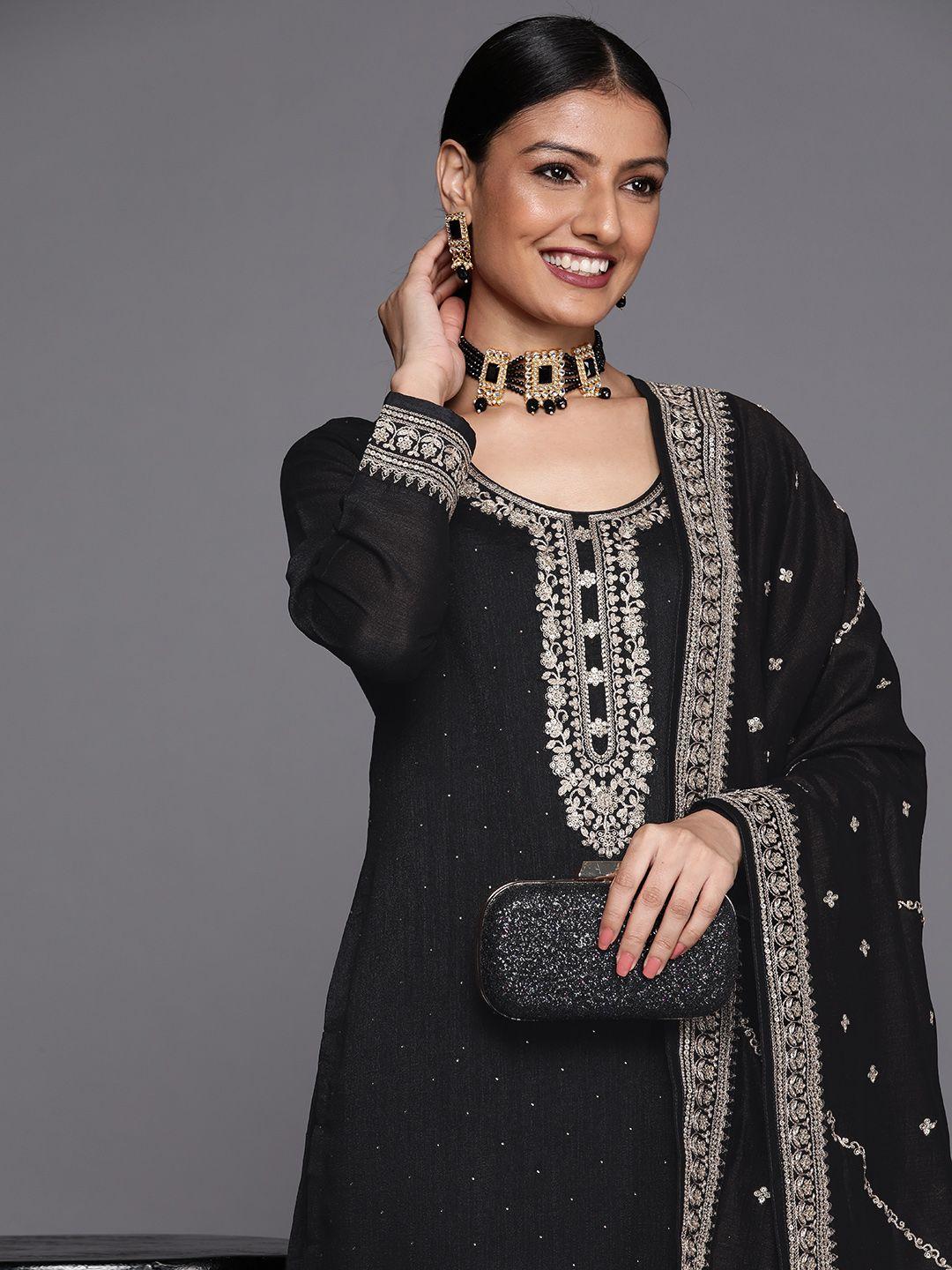 libas women black floral motifs yoke design kurta with trousers & with dupatta