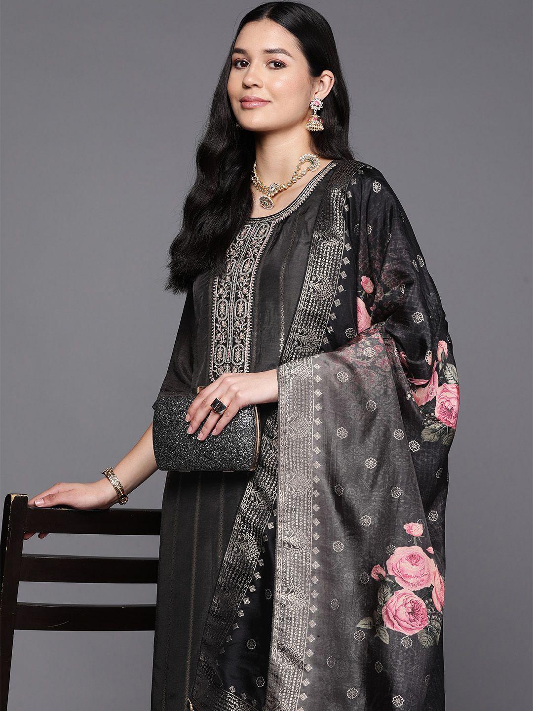 libas women black floral pure silk kurta with trousers & with dupatta