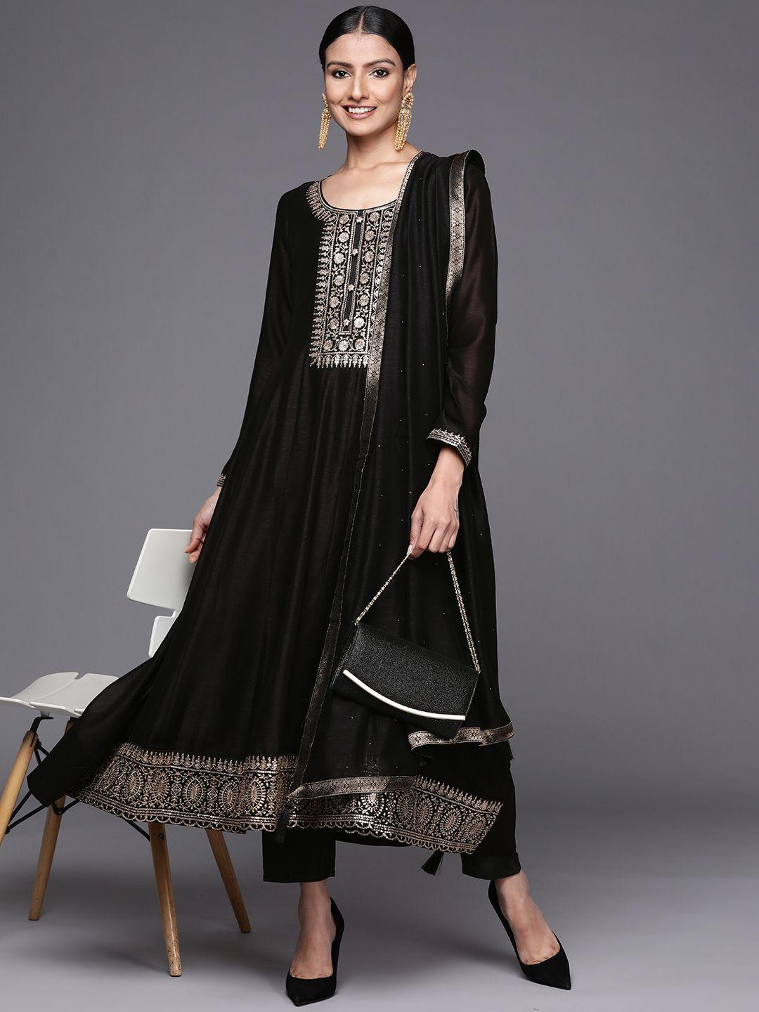 libas women black floral yoke design pleated kurta with trousers & dupatta