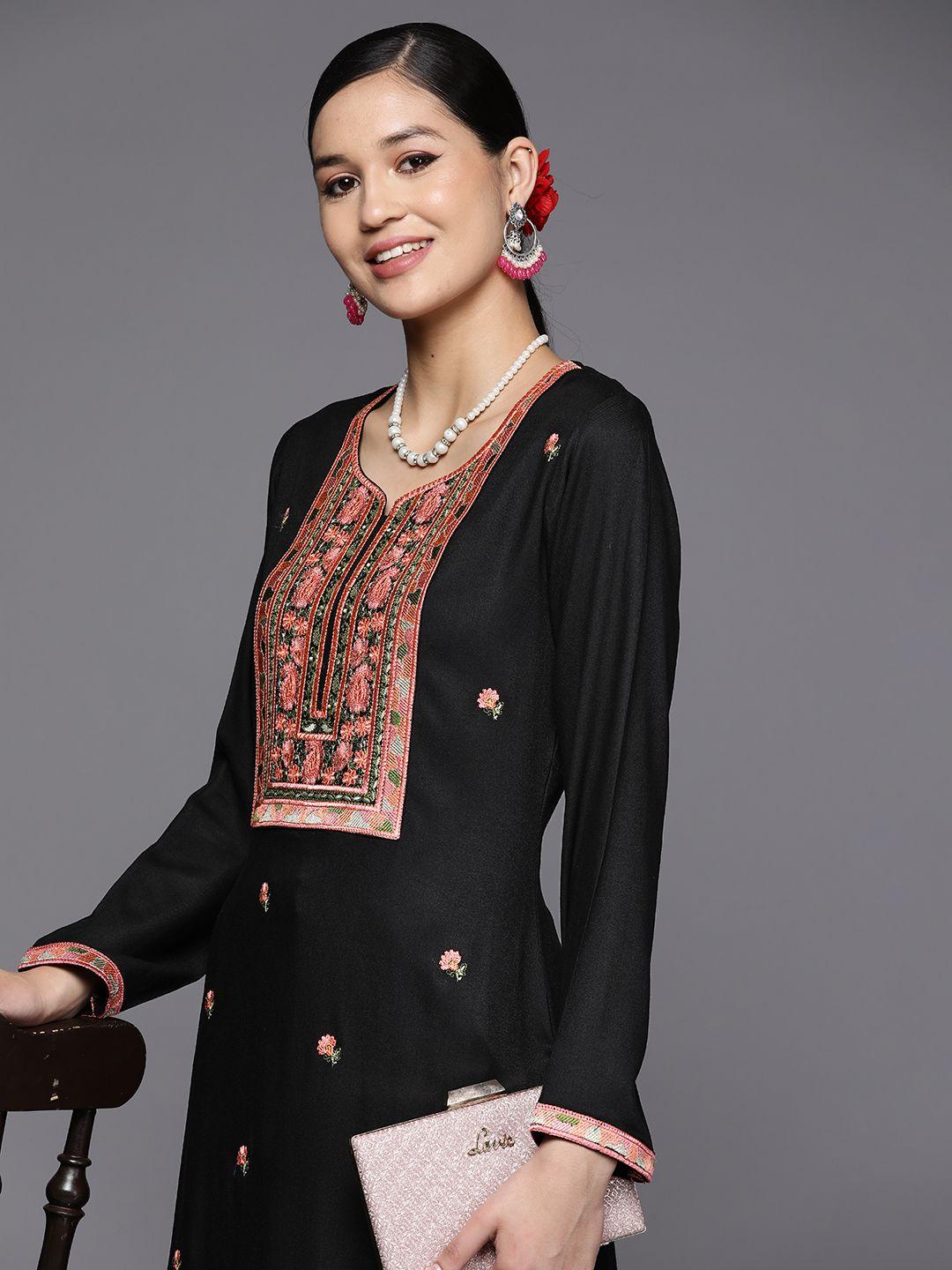 libas women black pashmina wool embroidered straight kurta