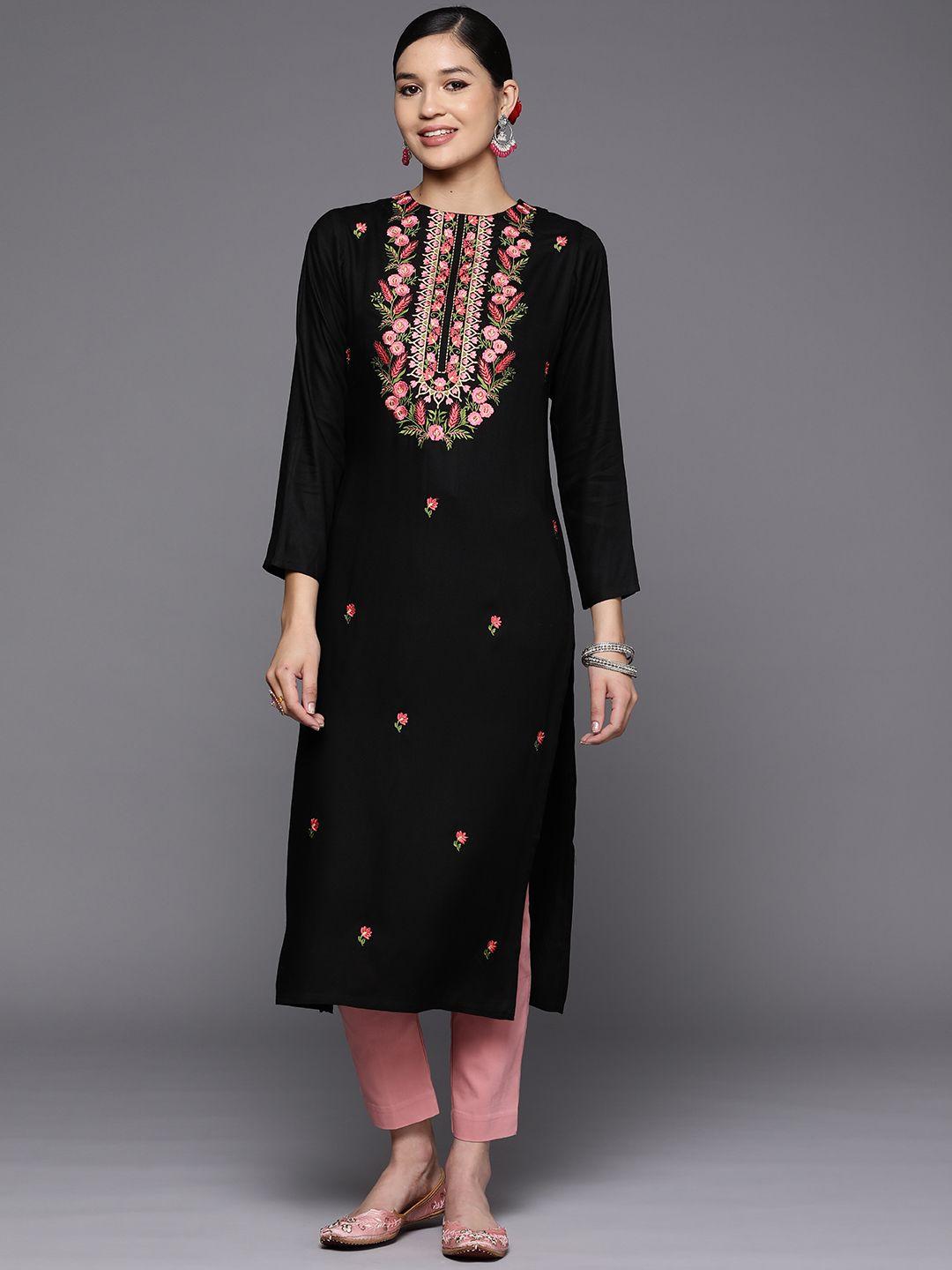 libas women black pashmina wool floral embroidered yoke detail straight kurta