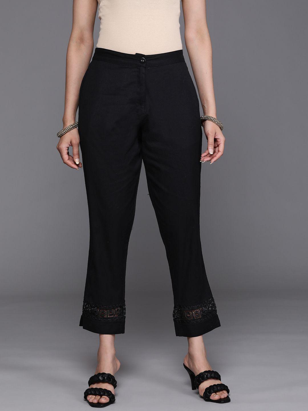 libas women black pure cotton regular fit solid trousers