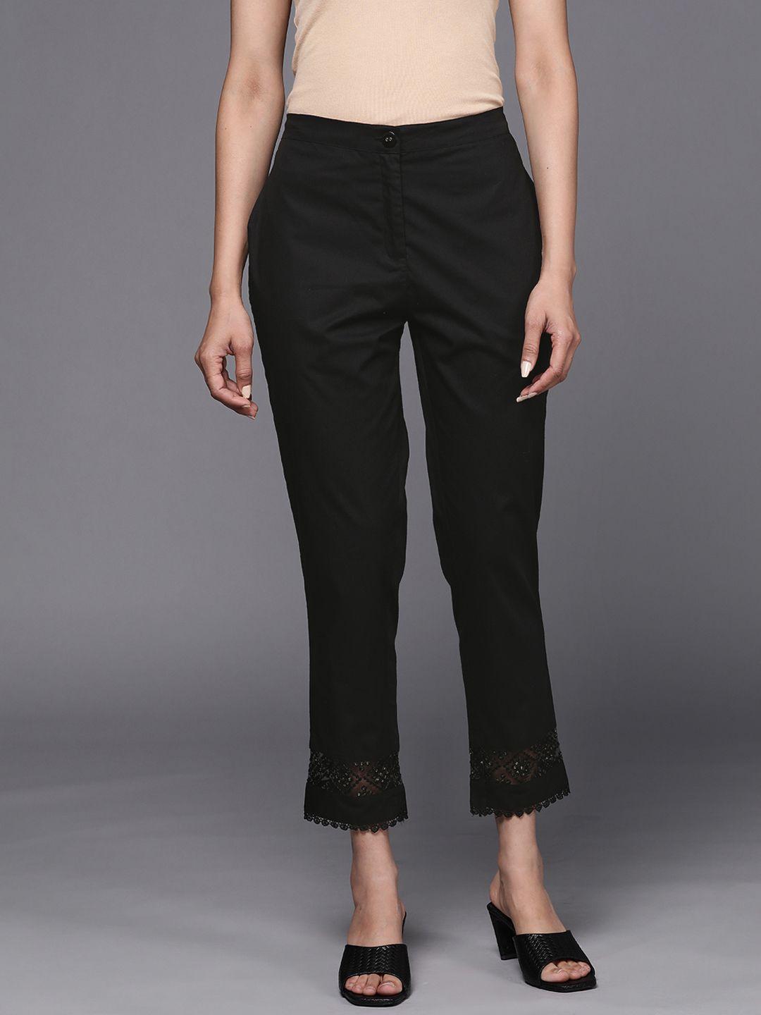 libas women black pure cotton trousers with lace details at hem