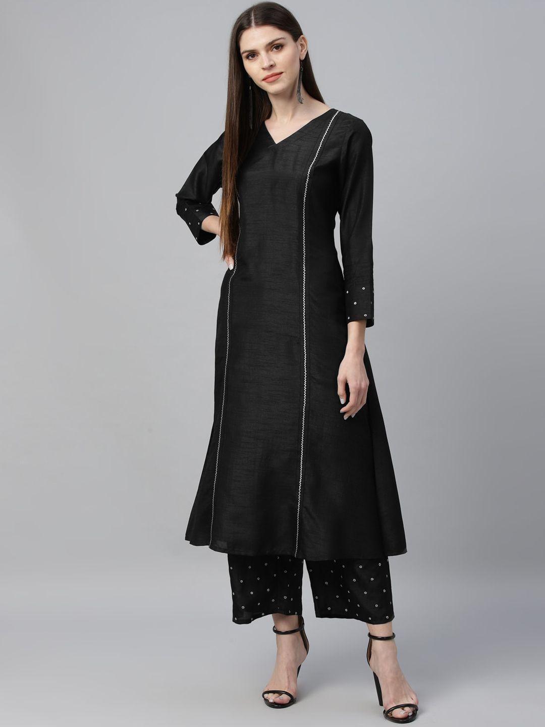 libas women black solid kurta with palazzos