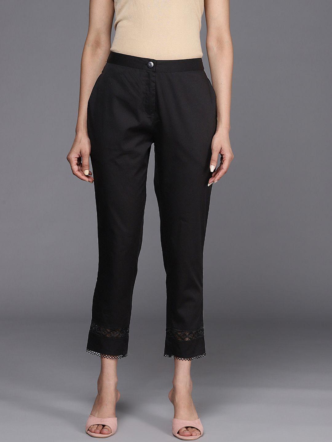 libas women black straight fit pure cotton trousers
