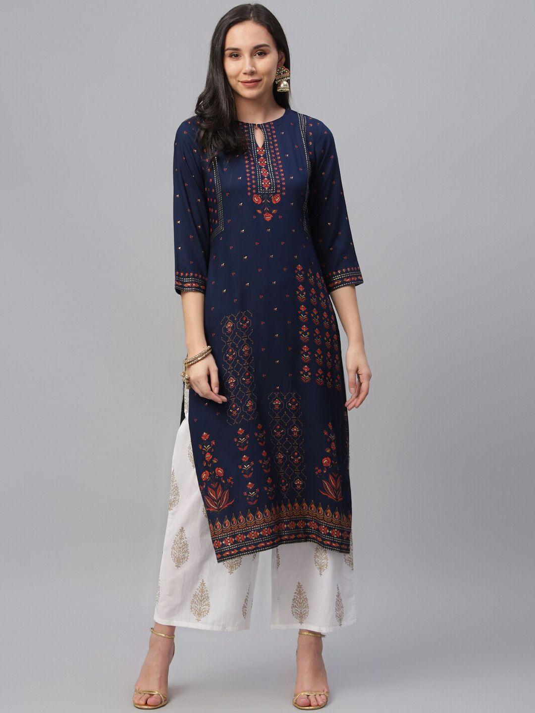 libas women blue & brown printed straight kurta