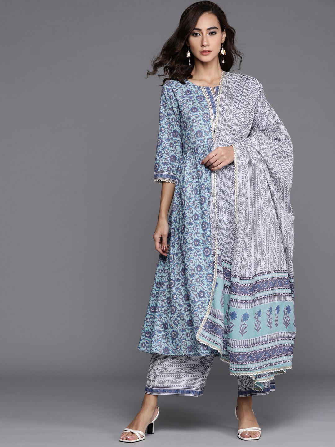 libas women blue & grey printed pure cotton a-line kurta with palazzos & dupatta
