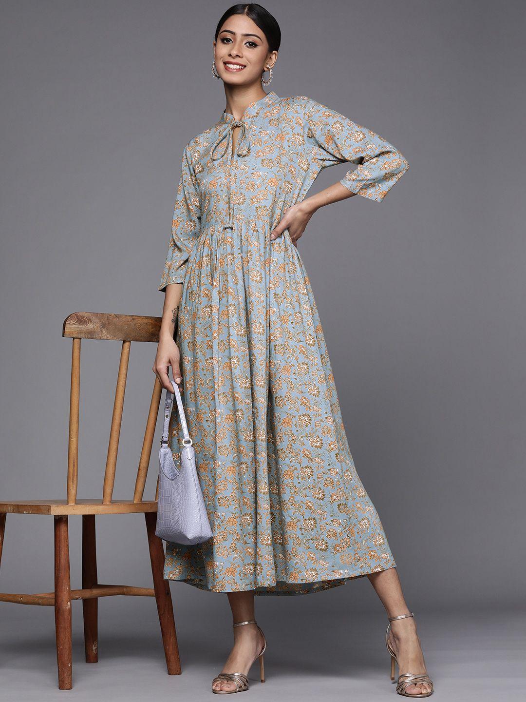 libas women blue & mustard yellow floral print tie-up neck a-line midi dress