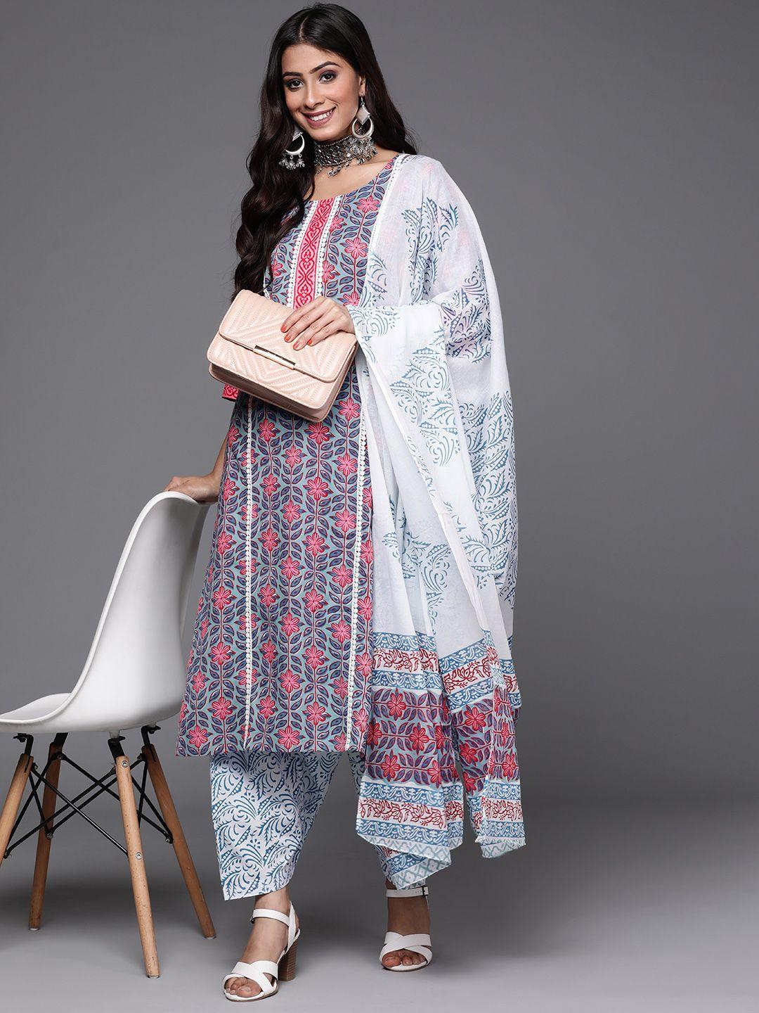 libas women blue & pink floral printed cotton straight kurta with salwar & with dupatta