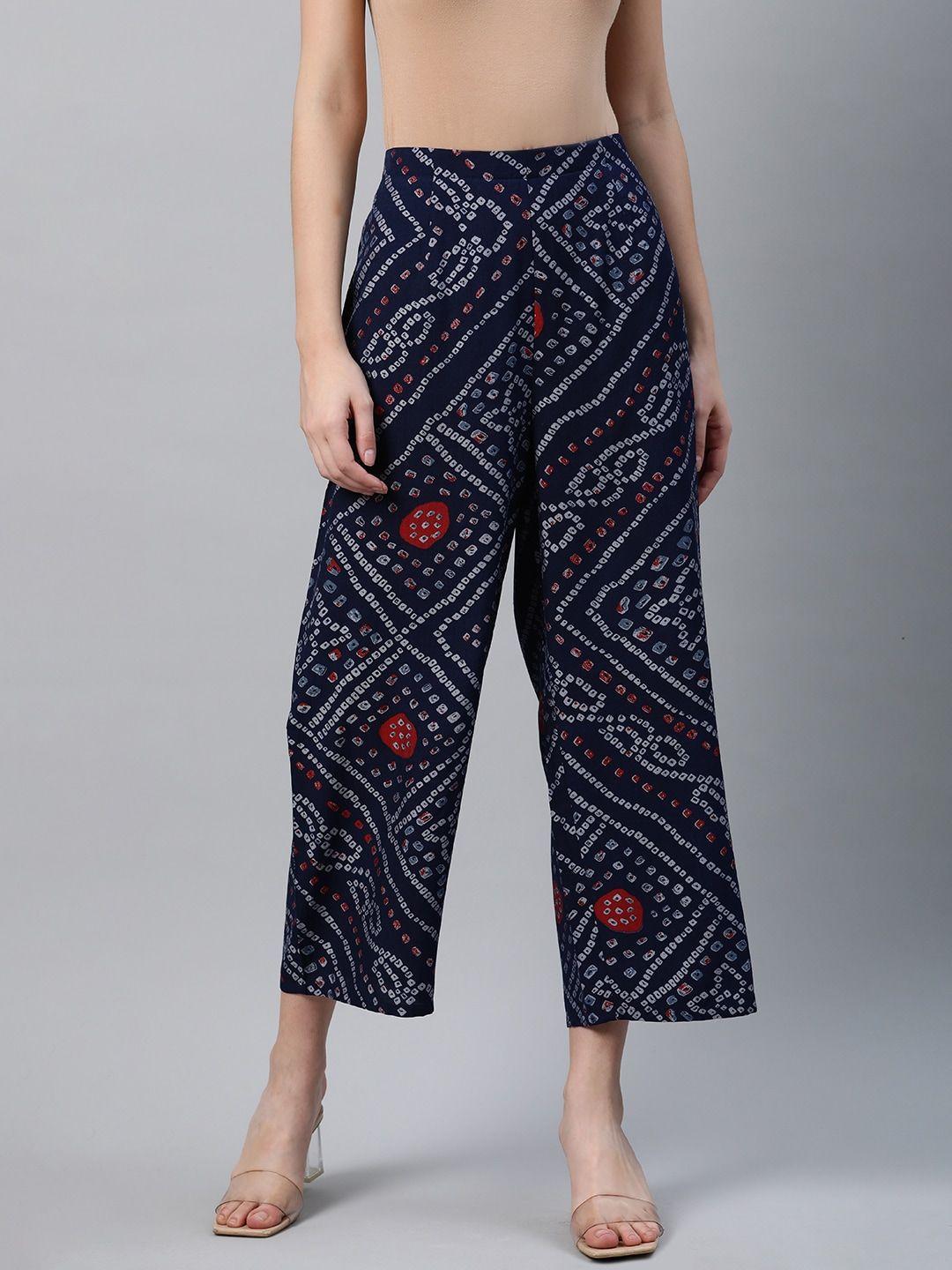 libas women blue & red bandhani printed wide leg palazzos