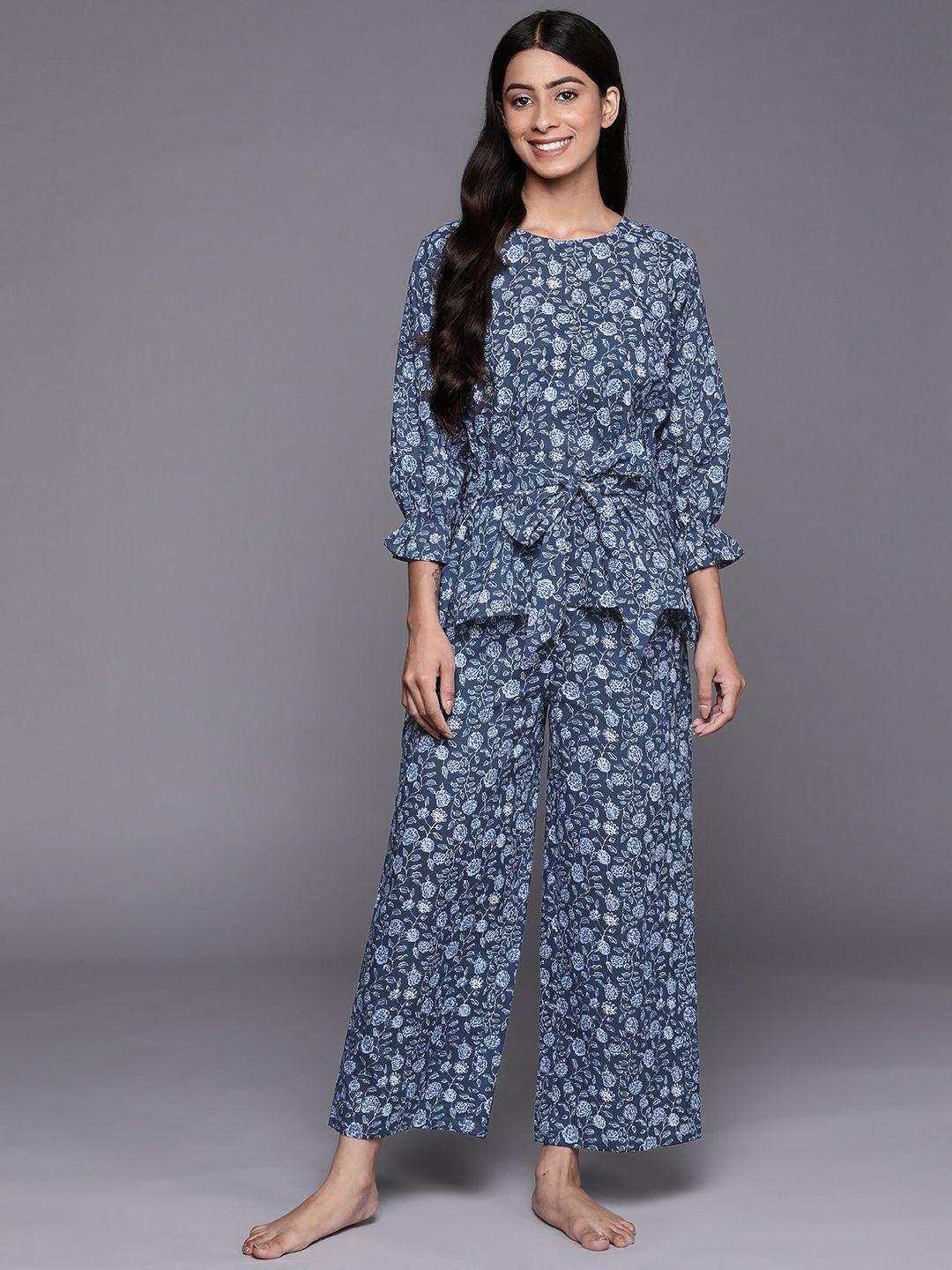 libas women blue & white printed cotton night suit