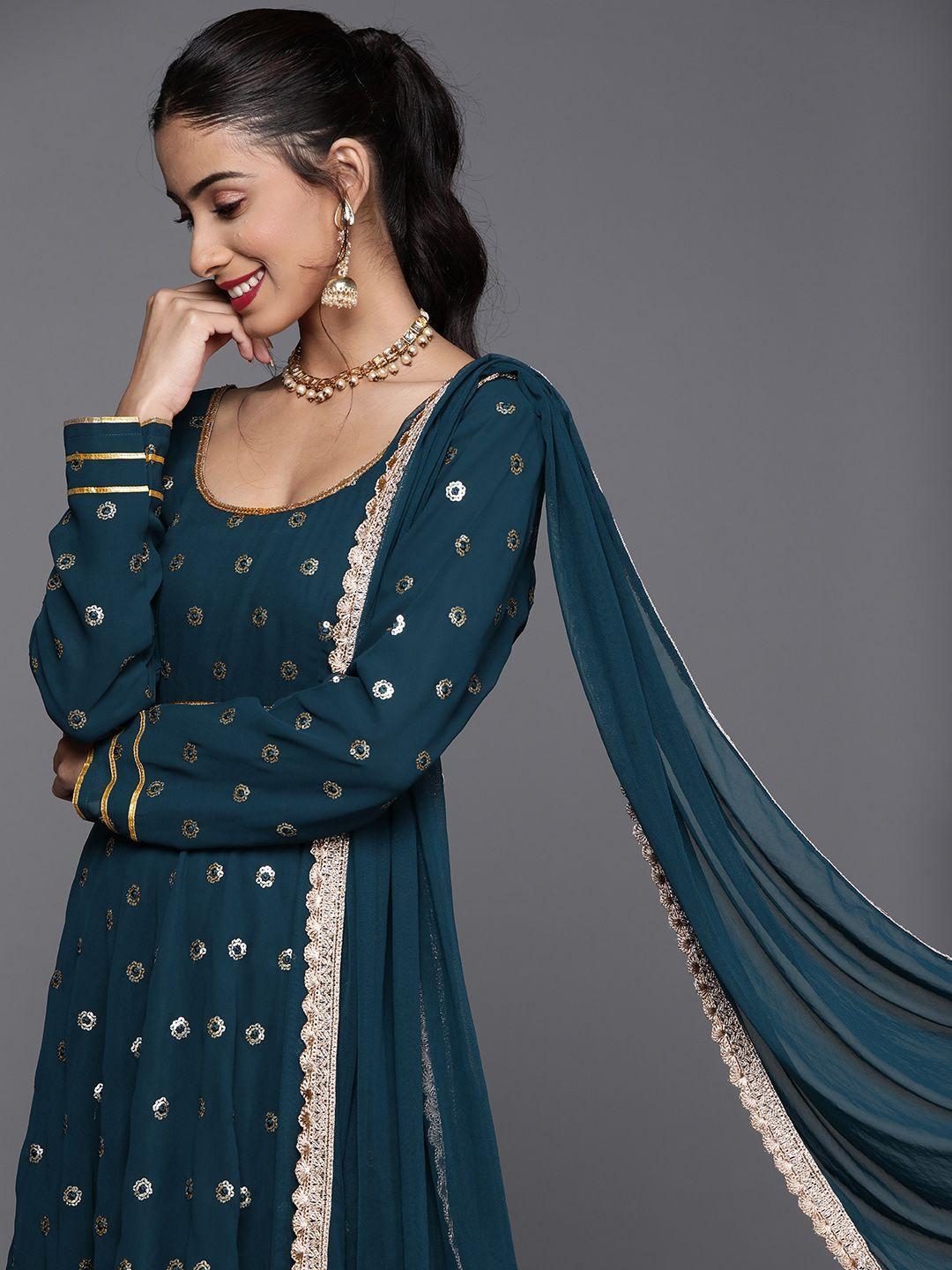 libas women blue embroidered anarkali kurta with churidar & with dupatta