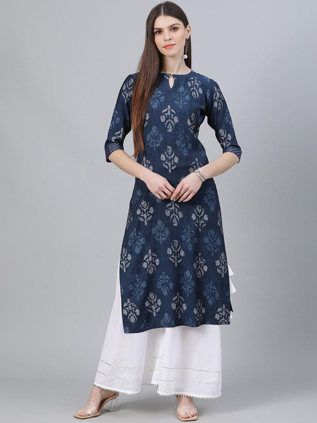 libas women blue ethnic motifs printed keyhole neck kurta