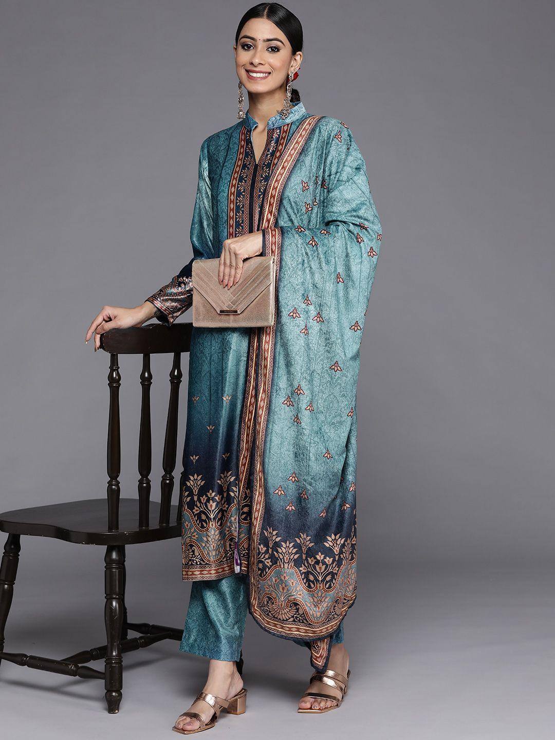 libas women blue ethnic motifs printed velvet kurta with trousers & with dupatta