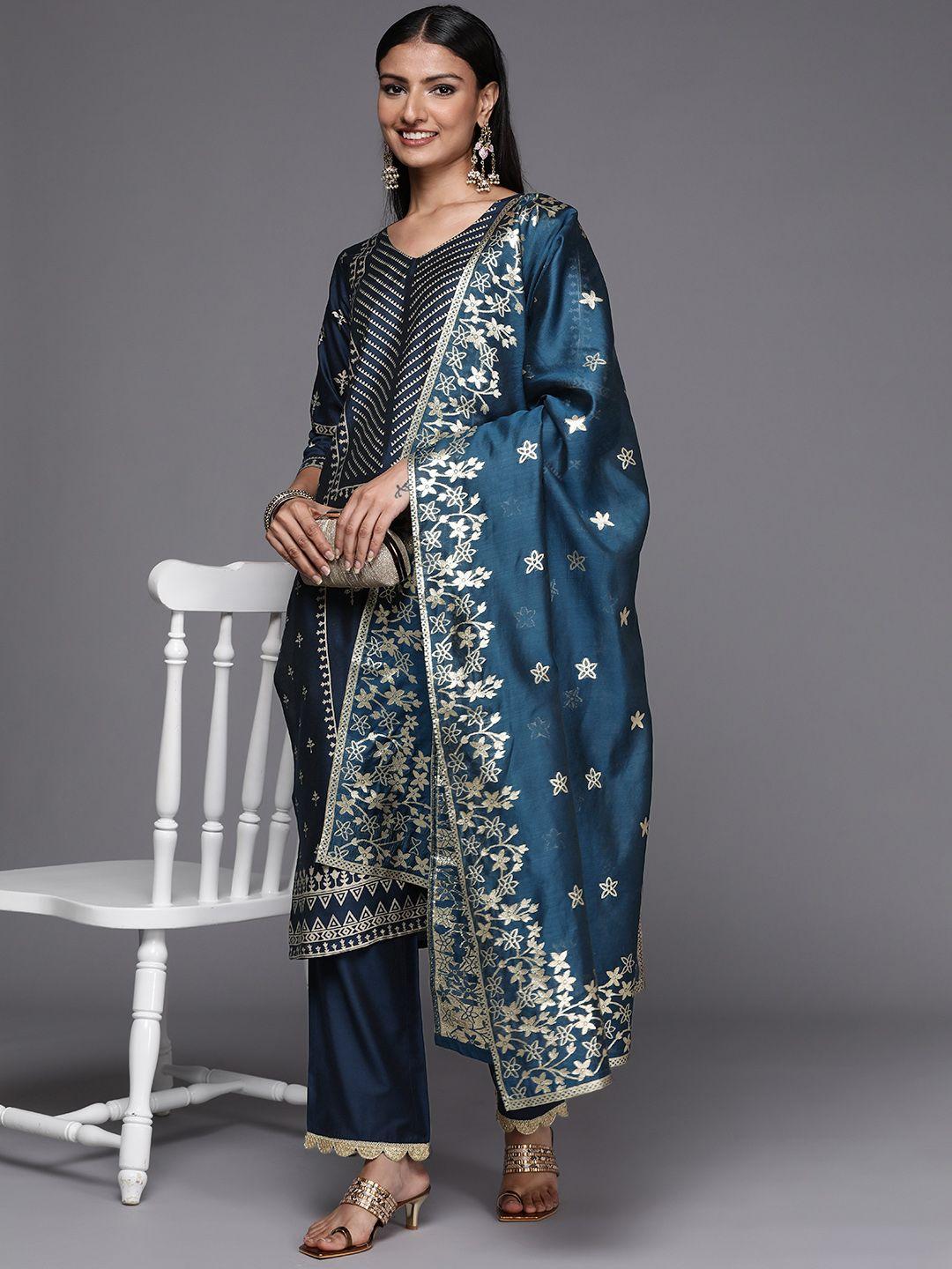 libas women blue floral printed chanderi silk kurta with trousers & dupatta