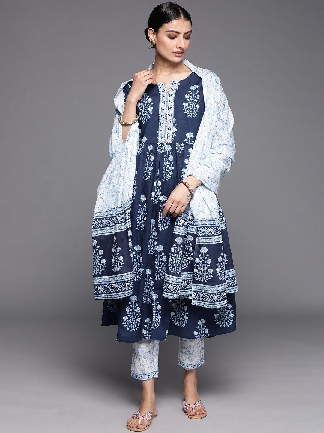libas women blue floral printed empire pure cotton kurta set with dupatta