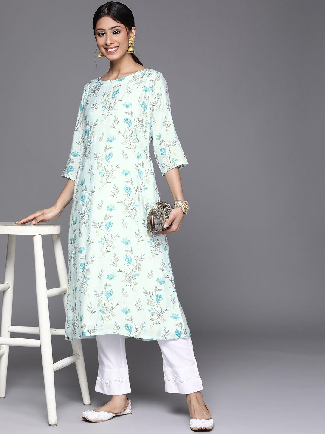 libas women blue floral printed floral chanderi silk kurta