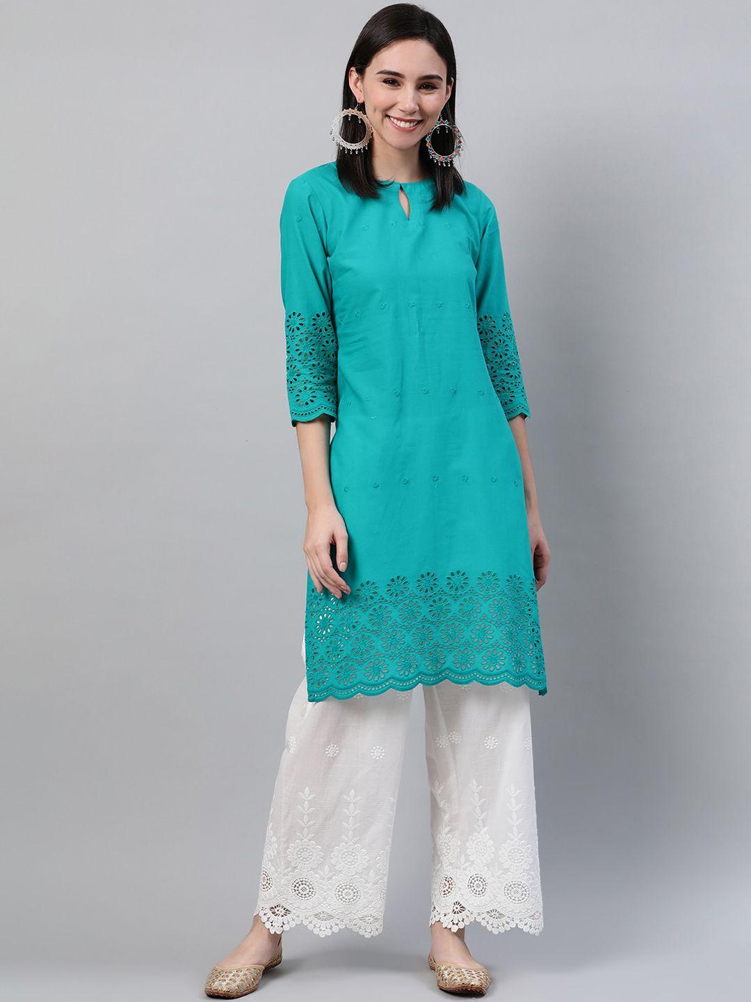 libas women blue keyhole neck thread work kurta