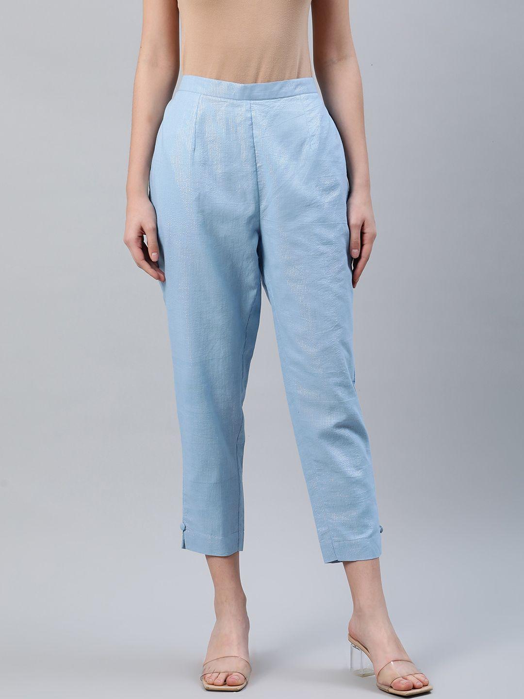libas women blue regular fit solid cigarette trousers