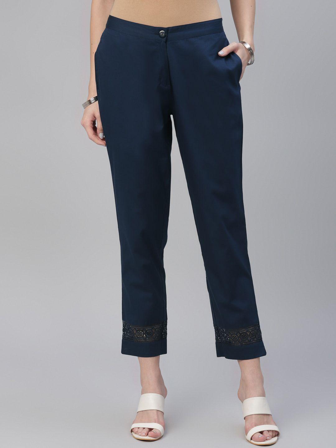 libas women blue regular fit solid regular trousers