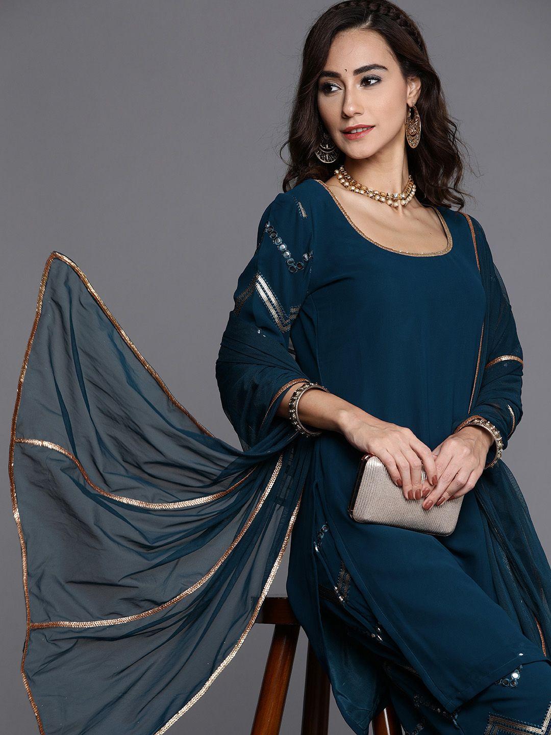 libas women blue sequinned detail kurta with palazzos & dupatta